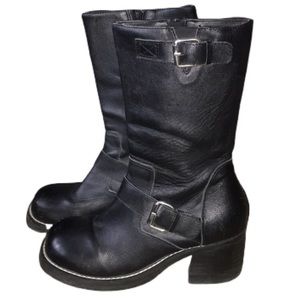 Vintage Nine West Black Leather Square Toe Chunky Boots